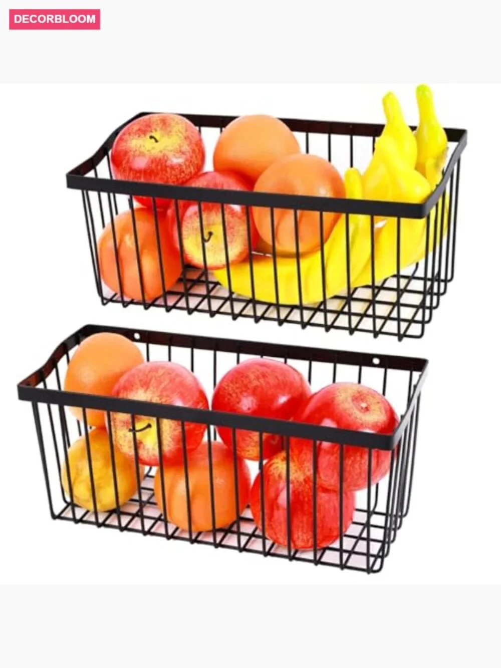 2-Piece Wall Mounted Fruit Basket Set, Carbon Steel Wire Veggie Storage for